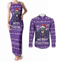 Personalized Melbourne Storm Christmas Couples Matching Tank Maxi Dress and Long Sleeve Button Shirt Australian Rugby Fans - Pixelated Ugly Xmas Pattern Mascot Santa