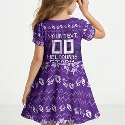 Personalized Melbourne Storm Christmas Kid Short Sleeve Dress Australian Rugby Fans - Pixelated Ugly Xmas Pattern Mascot Santa