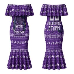 Personalized Melbourne Storm Christmas Couples Matching Mermaid Dress and Long Sleeve Button Shirt Australian Rugby Fans - Pixelated Ugly Xmas Pattern Mascot Santa