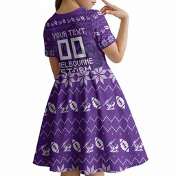 Personalized Melbourne Storm Christmas Kid Short Sleeve Dress Australian Rugby Fans - Pixelated Ugly Xmas Pattern Mascot Santa