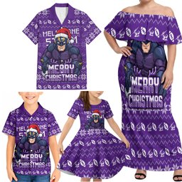 Personalized Melbourne Storm Christmas Family Matching Off Shoulder Maxi Dress and Hawaiian Shirt Australian Rugby Fans - Pixelated Ugly Xmas Pattern Mascot Santa