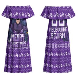 Personalized Melbourne Storm Christmas Family Matching Off Shoulder Maxi Dress and Hawaiian Shirt Australian Rugby Fans - Pixelated Ugly Xmas Pattern Mascot Santa