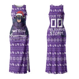 Personalized Melbourne Storm Christmas Couples Matching Tank Maxi Dress and Long Sleeve Button Shirt Australian Rugby Fans - Pixelated Ugly Xmas Pattern Mascot Santa