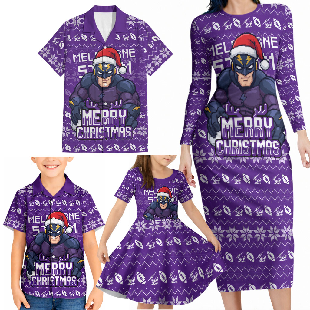 Personalized Melbourne Storm Christmas Family Matching Long Sleeve Bodycon Dress and Hawaiian Shirt Australian Rugby Fans - Pixelated Ugly Xmas Pattern Mascot Santa