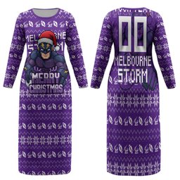 Personalized Melbourne Storm Christmas Family Matching Long Sleeve Bodycon Dress and Hawaiian Shirt Australian Rugby Fans - Pixelated Ugly Xmas Pattern Mascot Santa