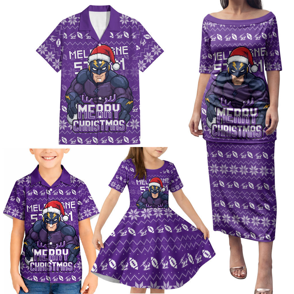 Personalized Melbourne Storm Christmas Family Matching Puletasi and Hawaiian Shirt Australian Rugby Fans - Pixelated Ugly Xmas Pattern Mascot Santa