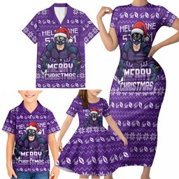 Personalized Melbourne Storm Christmas Family Matching Short Sleeve Bodycon Dress and Hawaiian Shirt Australian Rugby Fans - Pixelated Ugly Xmas Pattern Mascot Santa