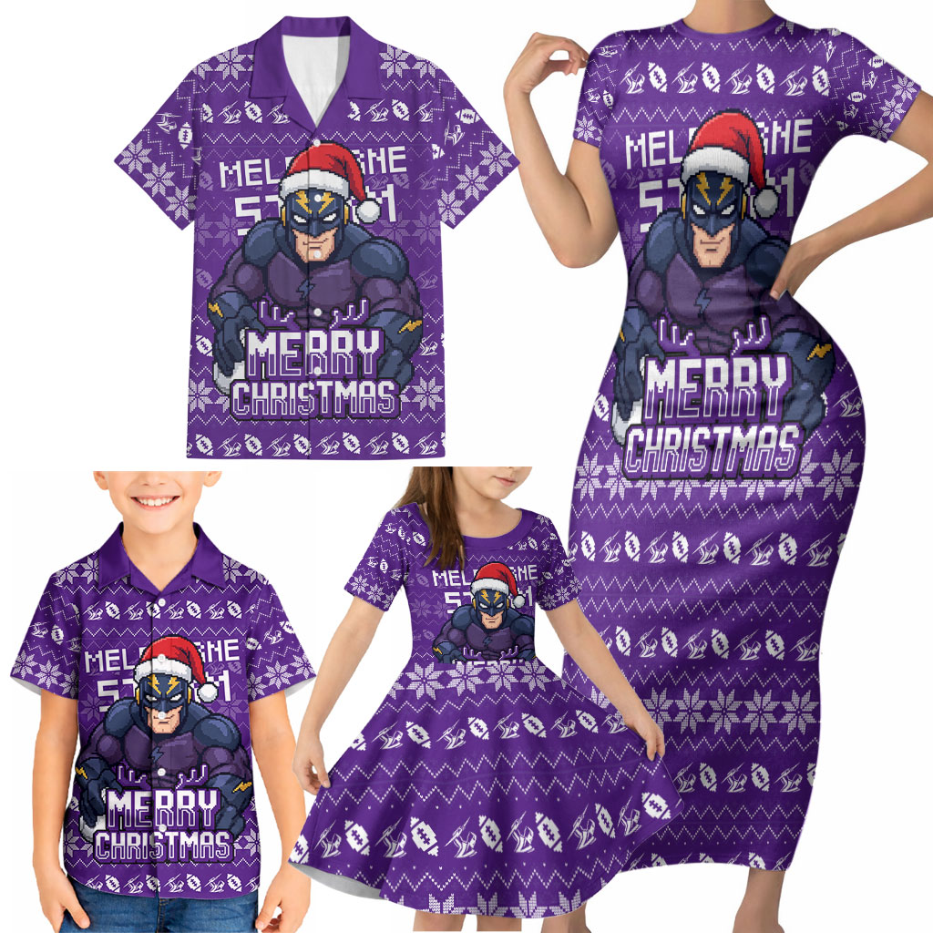 Personalized Melbourne Storm Christmas Family Matching Short Sleeve Bodycon Dress and Hawaiian Shirt Australian Rugby Fans - Pixelated Ugly Xmas Pattern Mascot Santa