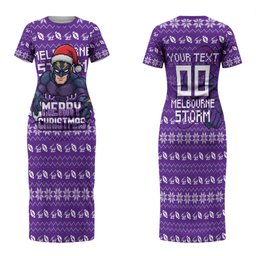 Personalized Melbourne Storm Christmas Family Matching Short Sleeve Bodycon Dress and Hawaiian Shirt Australian Rugby Fans - Pixelated Ugly Xmas Pattern Mascot Santa