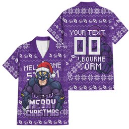 Personalized Melbourne Storm Christmas Family Matching Long Sleeve Bodycon Dress and Hawaiian Shirt Australian Rugby Fans - Pixelated Ugly Xmas Pattern Mascot Santa