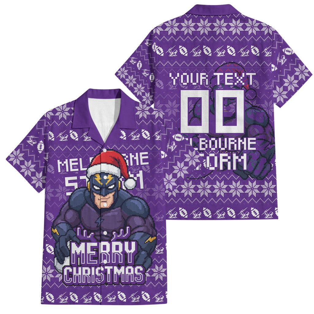 Personalized Melbourne Storm Christmas Family Matching Long Sleeve Bodycon Dress and Hawaiian Shirt Australian Rugby Fans - Pixelated Ugly Xmas Pattern Mascot Santa