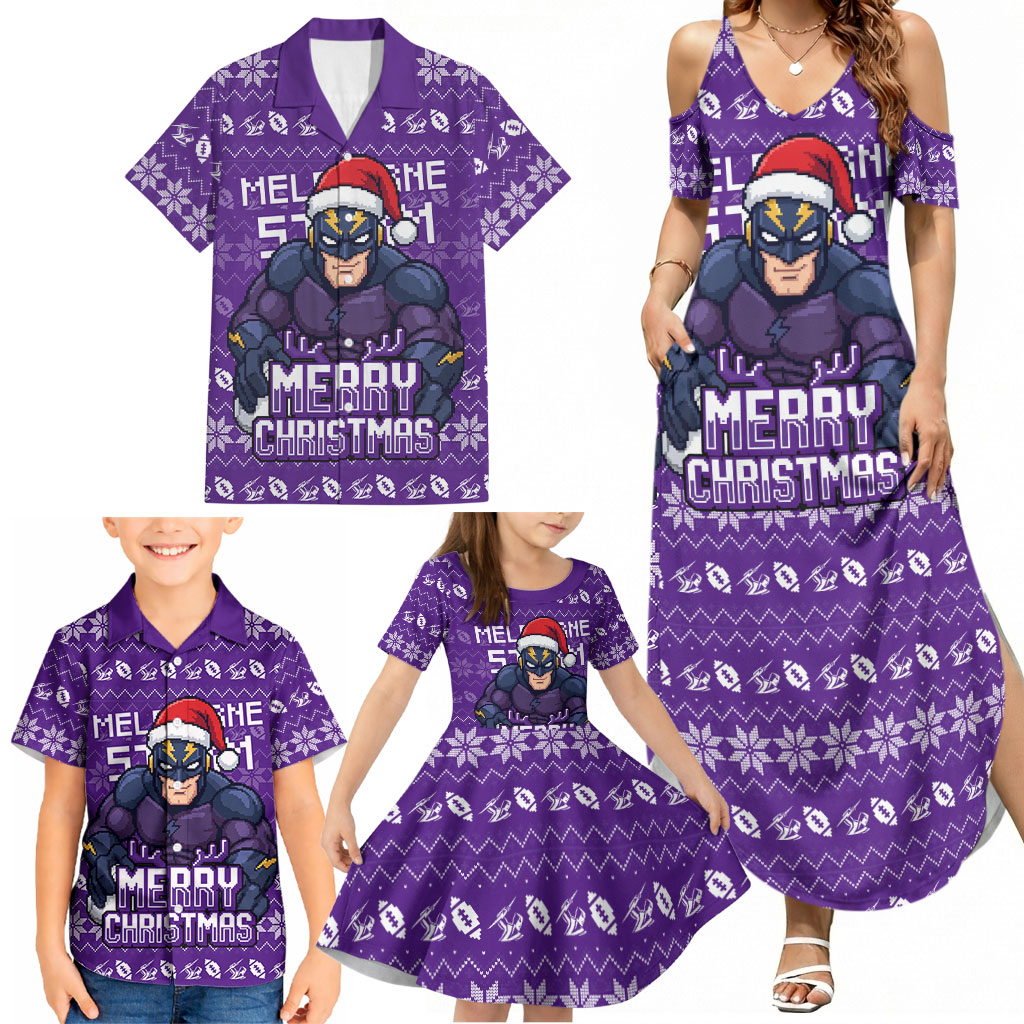 Personalized Melbourne Storm Christmas Family Matching Summer Maxi Dress and Hawaiian Shirt Australian Rugby Fans - Pixelated Ugly Xmas Pattern Mascot Santa