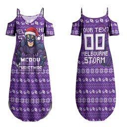 Personalized Melbourne Storm Christmas Family Matching Summer Maxi Dress and Hawaiian Shirt Australian Rugby Fans - Pixelated Ugly Xmas Pattern Mascot Santa