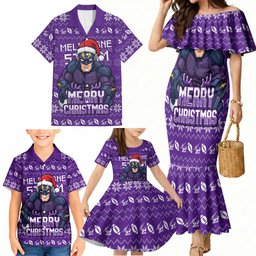 Personalized Melbourne Storm Christmas Family Matching Mermaid Dress and Hawaiian Shirt Australian Rugby Fans - Pixelated Ugly Xmas Pattern Mascot Santa