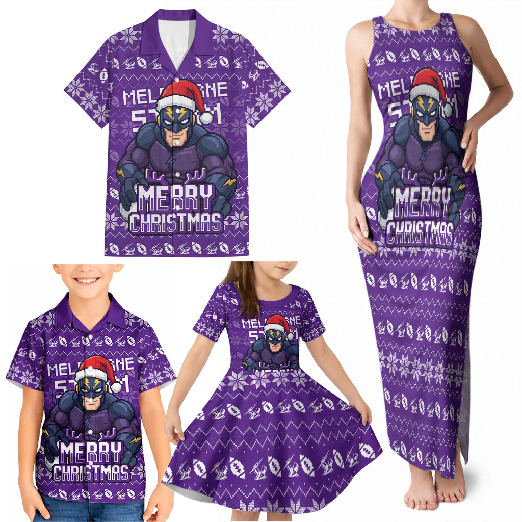 Personalized Melbourne Storm Christmas Family Matching Tank Maxi Dress and Hawaiian Shirt Australian Rugby Fans - Pixelated Ugly Xmas Pattern Mascot Santa