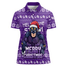 Personalized Melbourne Storm Christmas Women Polo Shirt Australian Rugby Fans - Pixelated Ugly Xmas Pattern Mascot Santa