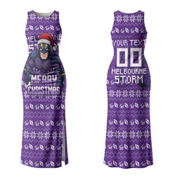 Personalized Melbourne Storm Christmas Family Matching Tank Maxi Dress and Hawaiian Shirt Australian Rugby Fans - Pixelated Ugly Xmas Pattern Mascot Santa