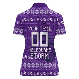 Personalized Melbourne Storm Christmas Women Polo Shirt Australian Rugby Fans - Pixelated Ugly Xmas Pattern Mascot Santa