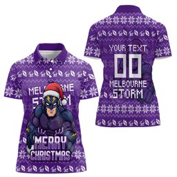 Personalized Melbourne Storm Christmas Women Polo Shirt Australian Rugby Fans - Pixelated Ugly Xmas Pattern Mascot Santa