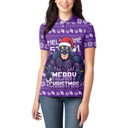 Personalized Melbourne Storm Christmas Women Polo Shirt Australian Rugby Fans - Pixelated Ugly Xmas Pattern Mascot Santa