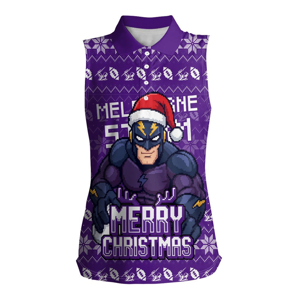 Personalized Melbourne Storm Christmas Women Sleeveless Polo Shirt Australian Rugby Fans - Pixelated Ugly Xmas Pattern Mascot Santa