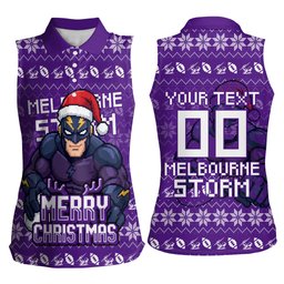 Personalized Melbourne Storm Christmas Women Sleeveless Polo Shirt Australian Rugby Fans - Pixelated Ugly Xmas Pattern Mascot Santa