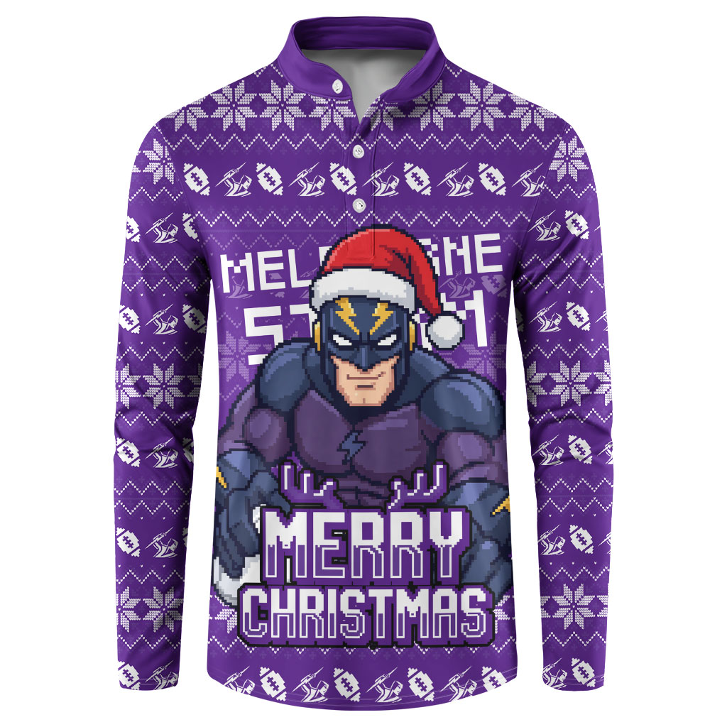 Personalized Melbourne Storm Christmas Button Sweatshirt Australian Rugby Fans - Pixelated Ugly Xmas Pattern Mascot Santa