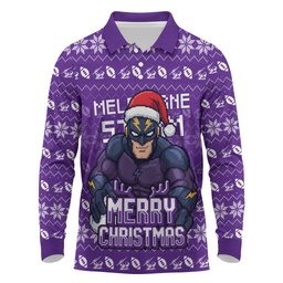 Personalized Melbourne Storm Christmas Long Sleeve Polo Shirt Australian Rugby Fans - Pixelated Ugly Xmas Pattern Mascot Santa