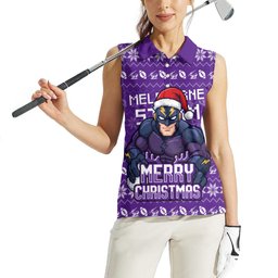Personalized Melbourne Storm Christmas Women Sleeveless Polo Shirt Australian Rugby Fans - Pixelated Ugly Xmas Pattern Mascot Santa