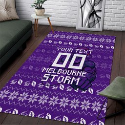 Personalized Melbourne Storm Christmas Area Rug Australian Rugby Fans - Pixelated Ugly Xmas Pattern Mascot Santa