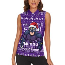 Personalized Melbourne Storm Christmas Women Sleeveless Polo Shirt Australian Rugby Fans - Pixelated Ugly Xmas Pattern Mascot Santa