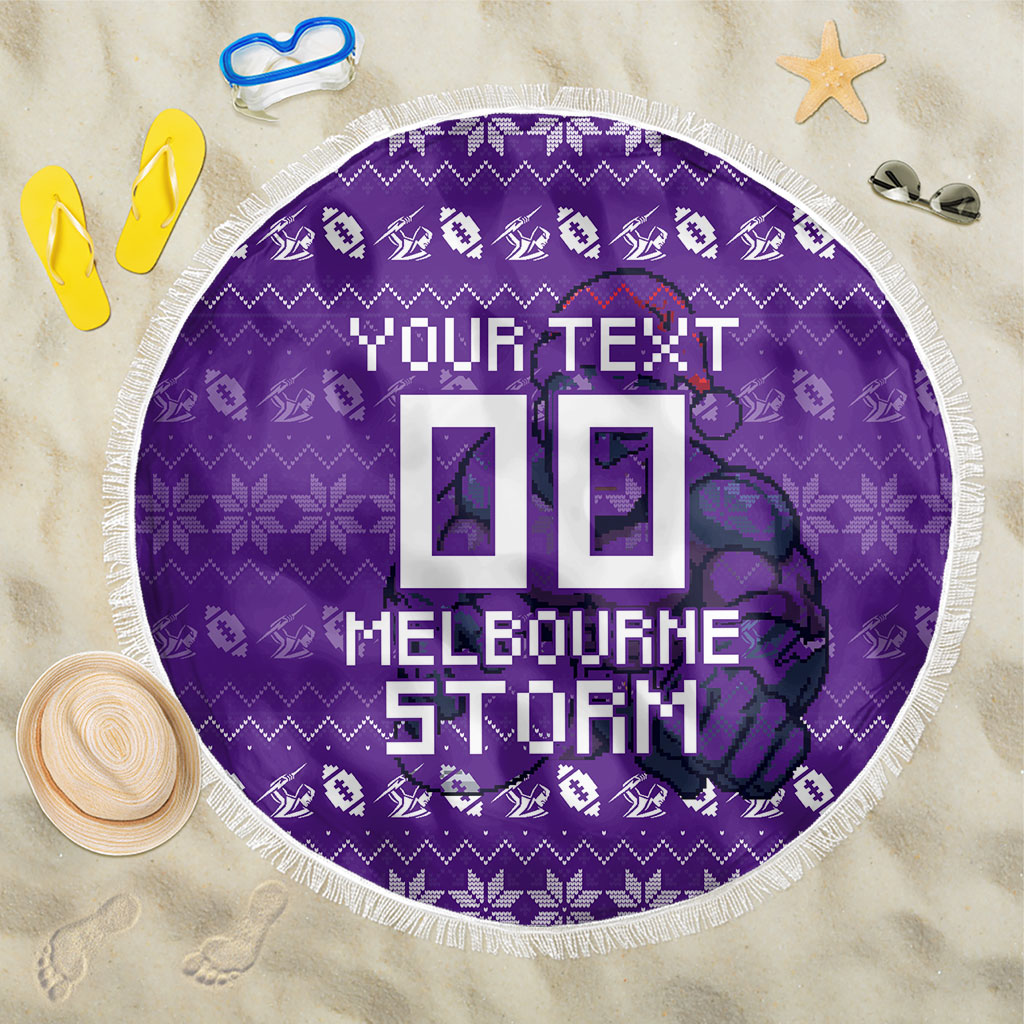 Personalized Melbourne Storm Christmas Beach Blanket Australian Rugby Fans - Pixelated Ugly Xmas Pattern Mascot Santa