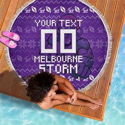 Personalized Melbourne Storm Christmas Beach Blanket Australian Rugby Fans - Pixelated Ugly Xmas Pattern Mascot Santa