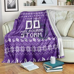 Personalized Melbourne Storm Christmas Blanket Australian Rugby Fans - Pixelated Ugly Xmas Pattern Mascot Santa