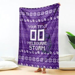 Personalized Melbourne Storm Christmas Blanket Australian Rugby Fans - Pixelated Ugly Xmas Pattern Mascot Santa