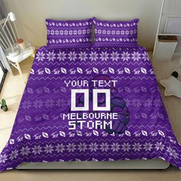 Personalized Melbourne Storm Christmas Bedding Set Australian Rugby Fans - Pixelated Ugly Xmas Pattern Mascot Santa