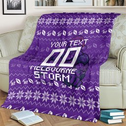 Personalized Melbourne Storm Christmas Blanket Australian Rugby Fans - Pixelated Ugly Xmas Pattern Mascot Santa