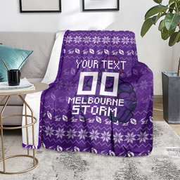 Personalized Melbourne Storm Christmas Blanket Australian Rugby Fans - Pixelated Ugly Xmas Pattern Mascot Santa