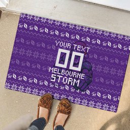Personalized Melbourne Storm Christmas Rubber Doormat Australian Rugby Fans - Pixelated Ugly Xmas Pattern Mascot Santa