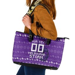 Personalized Melbourne Storm Christmas Leather Tote Bag Australian Rugby Fans - Pixelated Ugly Xmas Pattern Mascot Santa