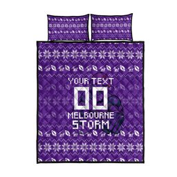 Personalized Melbourne Storm Christmas Quilt Bed Set Australian Rugby Fans - Pixelated Ugly Xmas Pattern Mascot Santa
