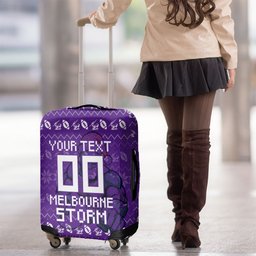 Personalized Melbourne Storm Christmas Luggage Cover Australian Rugby Fans - Pixelated Ugly Xmas Pattern Mascot Santa