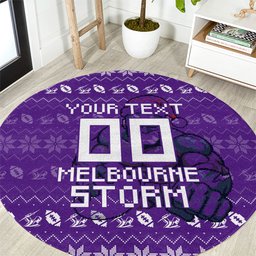 Personalized Melbourne Storm Christmas Round Carpet Australian Rugby Fans - Pixelated Ugly Xmas Pattern Mascot Santa
