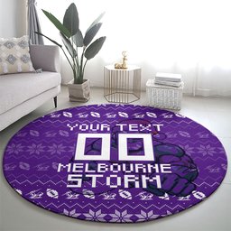 Personalized Melbourne Storm Christmas Round Carpet Australian Rugby Fans - Pixelated Ugly Xmas Pattern Mascot Santa