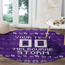 Personalized Melbourne Storm Christmas Round Carpet Australian Rugby Fans - Pixelated Ugly Xmas Pattern Mascot Santa