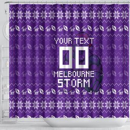 Personalized Melbourne Storm Christmas Shower Curtain Australian Rugby Fans - Pixelated Ugly Xmas Pattern Mascot Santa