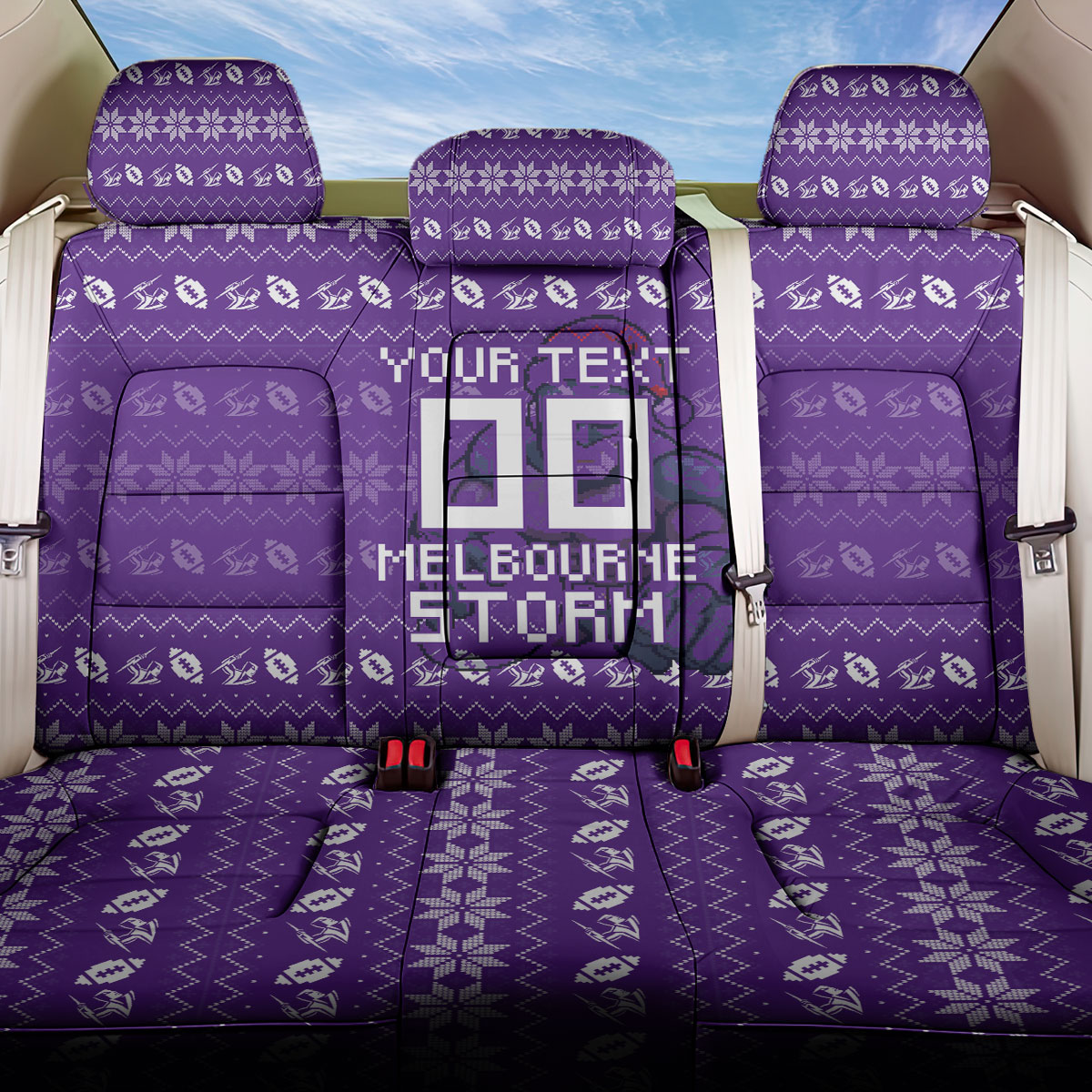 Personalized Melbourne Storm Christmas Back Car Seat Cover Australian Rugby Fans - Pixelated Ugly Xmas Pattern Mascot Santa