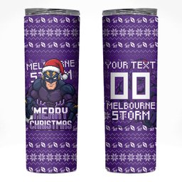 Personalized Melbourne Storm Christmas Skinny Tumbler Australian Rugby Fans - Pixelated Ugly Xmas Pattern Mascot Santa