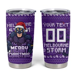 Personalized Melbourne Storm Christmas Tumbler Cup Australian Rugby Fans - Pixelated Ugly Xmas Pattern Mascot Santa