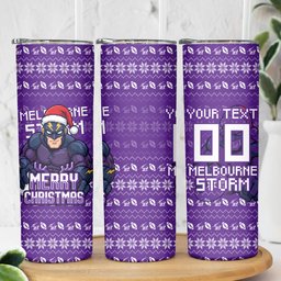Personalized Melbourne Storm Christmas Skinny Tumbler Australian Rugby Fans - Pixelated Ugly Xmas Pattern Mascot Santa